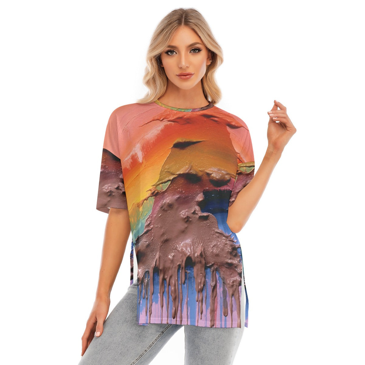 All-Over Print Women's Short Sleeves T-shirt With Hem Split