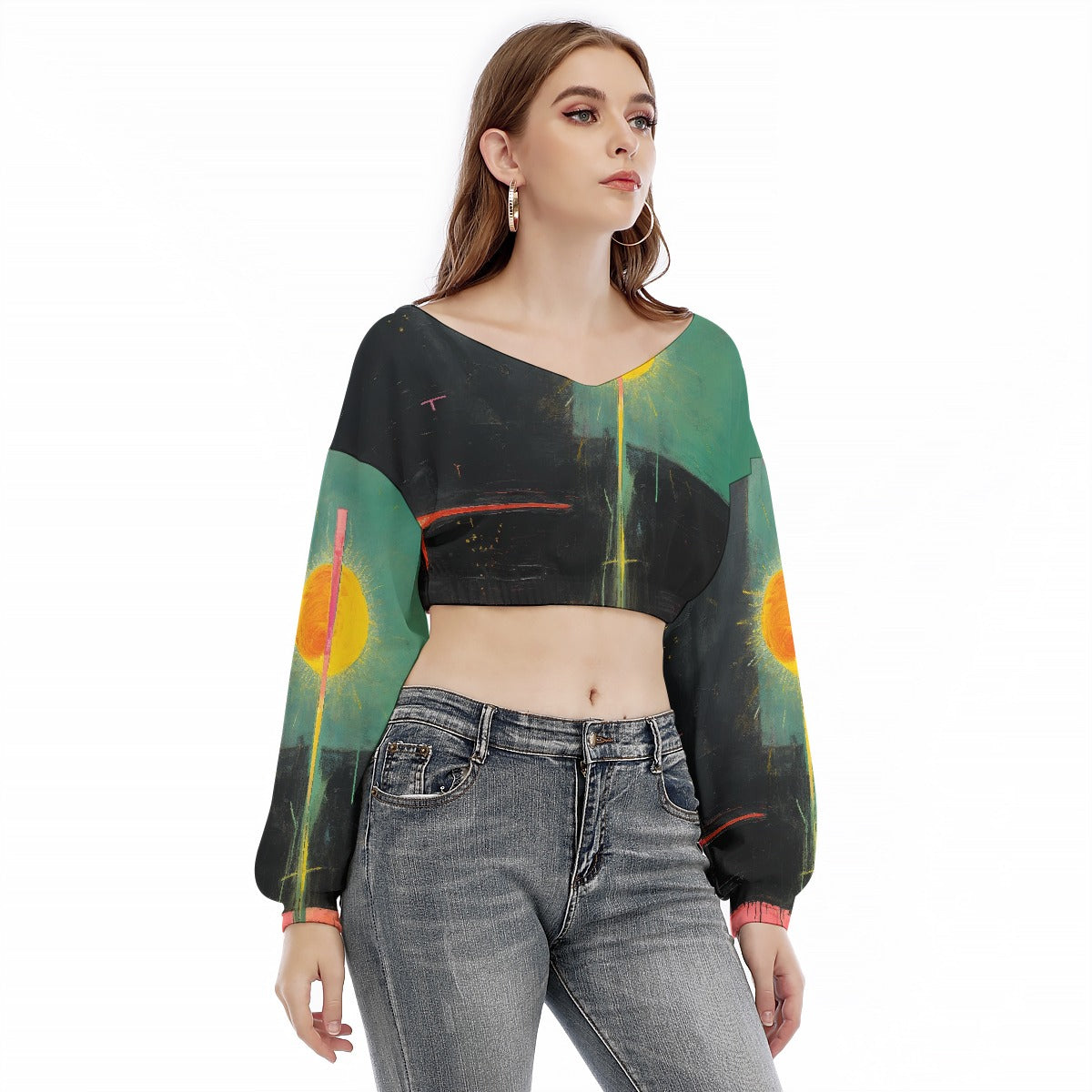 All-Over Print Women's V-neck Long Sleeve Cropped Sweatshirt