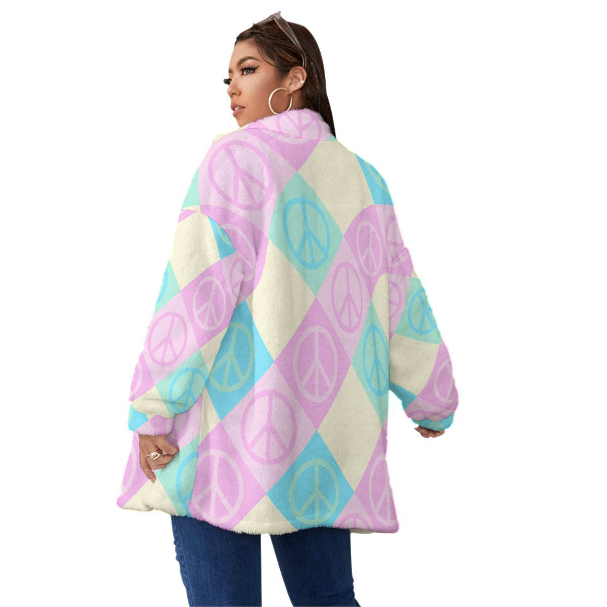 All-Over Print Unisex Borg Fleece Stand-up Collar Coat With Zipper Closure(Plus Size)