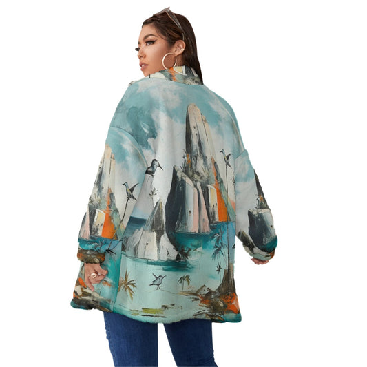 All-Over Print Unisex Borg Fleece Stand-up Collar Coat With Zipper Closure(Plus Size)