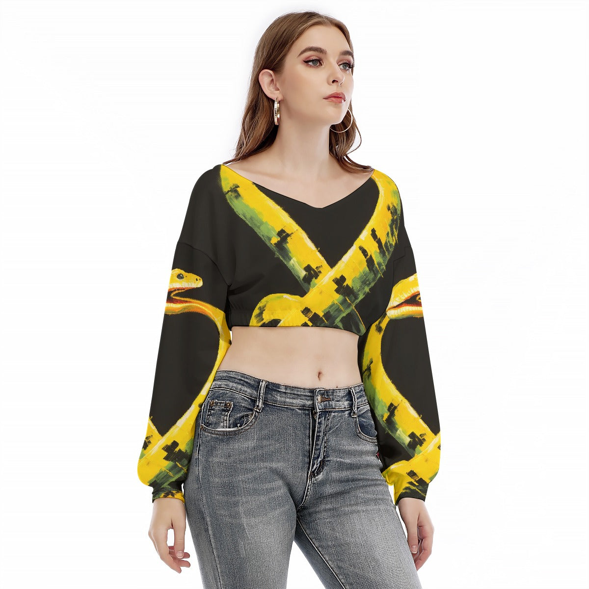 All-Over Print Women's V-neck Long Sleeve Cropped Sweatshirt
