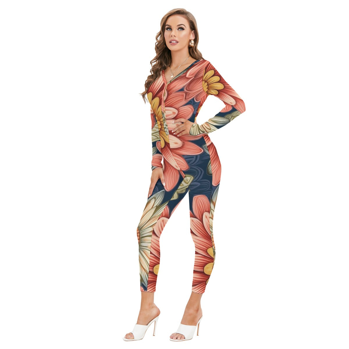 All-Over Print Women's Plunging Neck Jumpsuit
