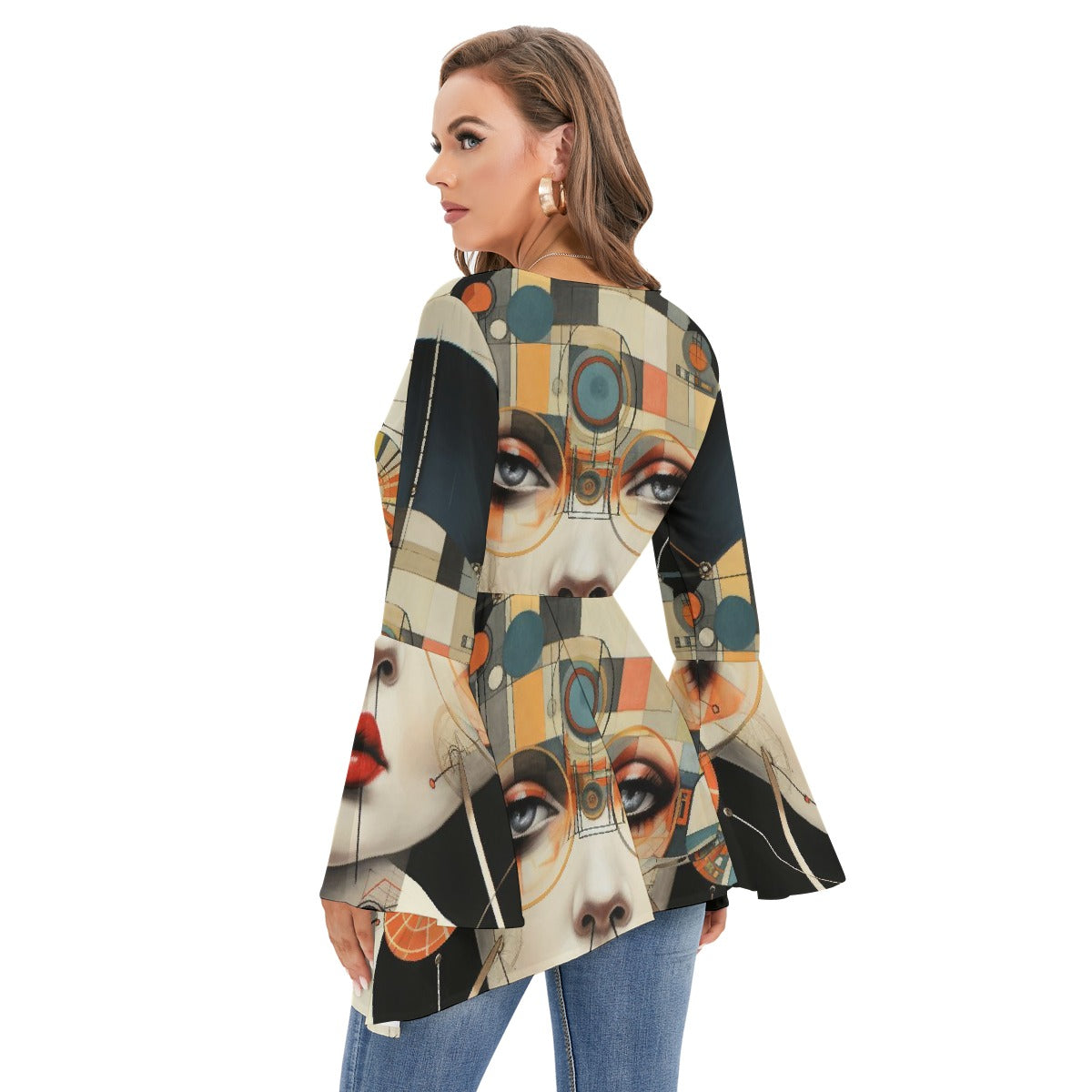 All-Over Print Women's V-neck Blouse With Flared Sleeves
