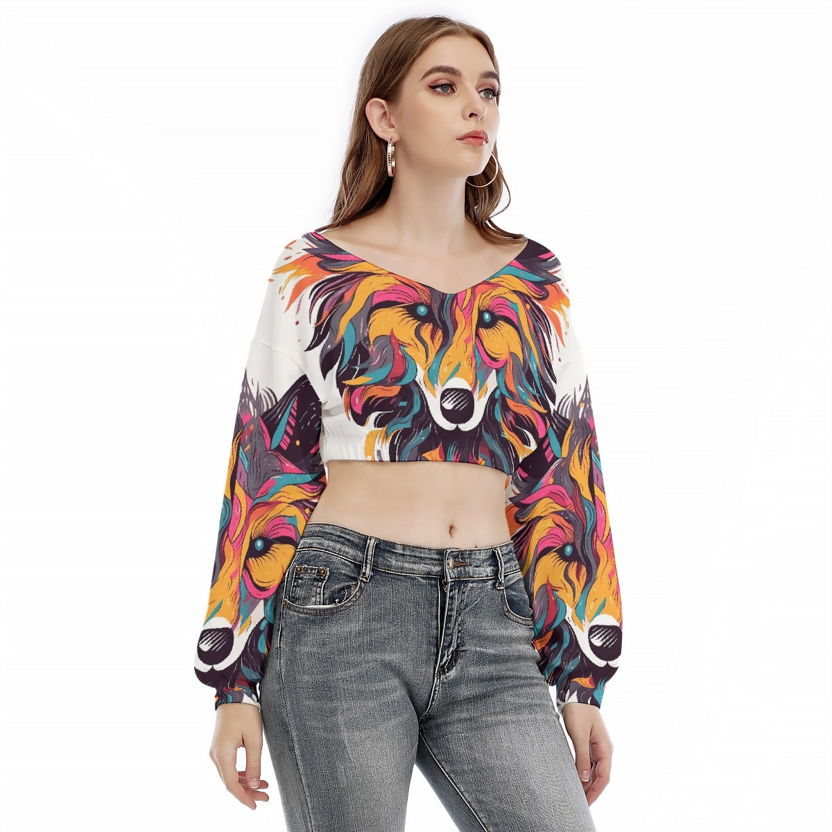 All-Over Print Women's V-neck Long Sleeve Cropped Sweatshirt