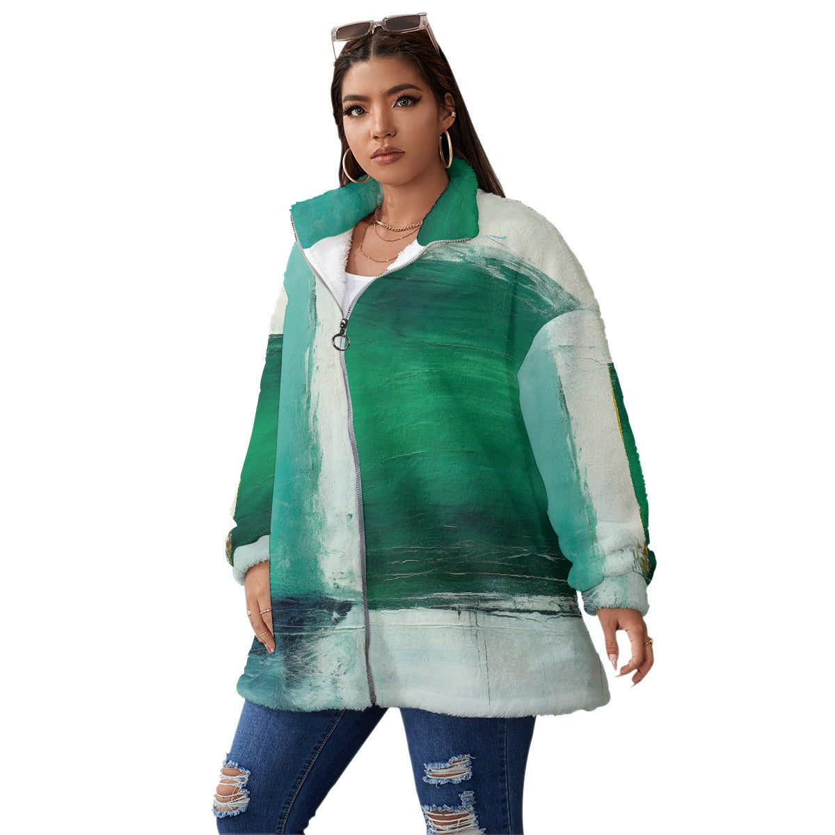 All-Over Print Unisex Borg Fleece Stand-up Collar Coat With Zipper Closure(Plus Size)