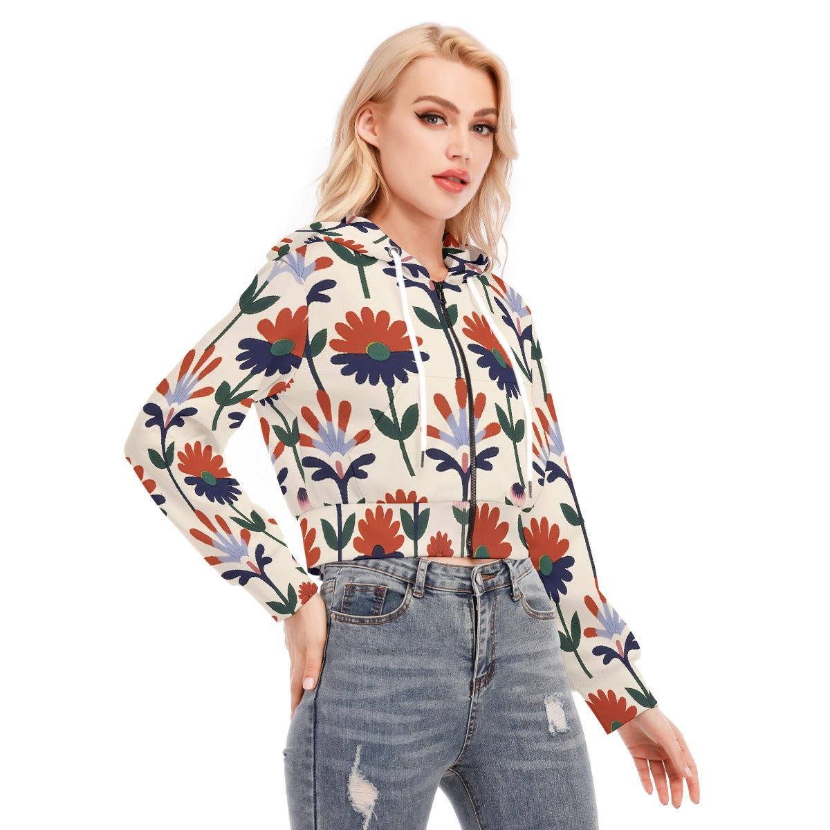 All-Over Print Women's Crop Top Hoodie With Zipper Closure