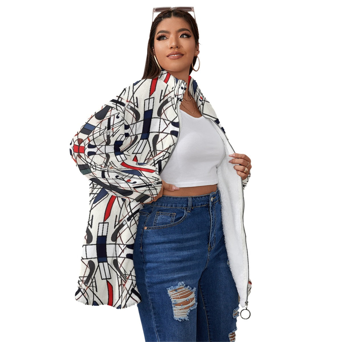 All-Over Print Unisex Borg Fleece Stand-up Collar Coat With Zipper Closure(Plus Size)