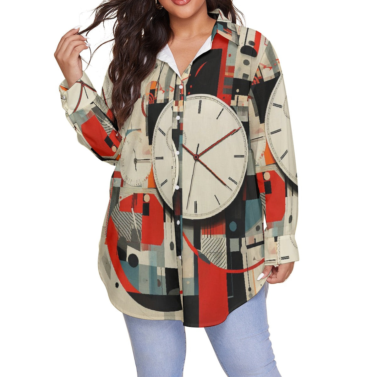 All-Over Print Women's Shirt With Long Sleeve(Plus Size)