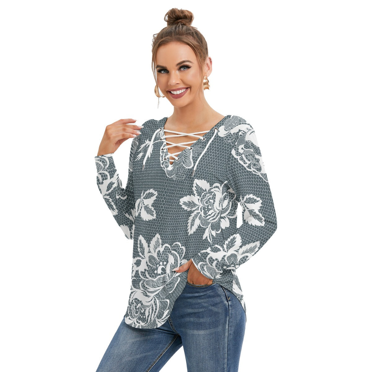 All-Over Print Women's Long Sleeve Neckline Tie Sweatshirt