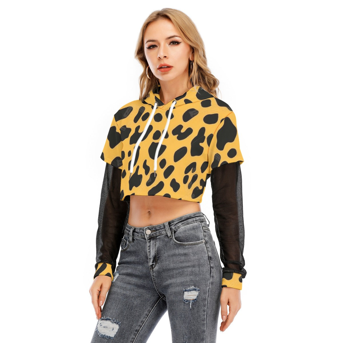 All-Over Print Women's Fake Two-piece Mesh Sleeve Cropped Hoodie
