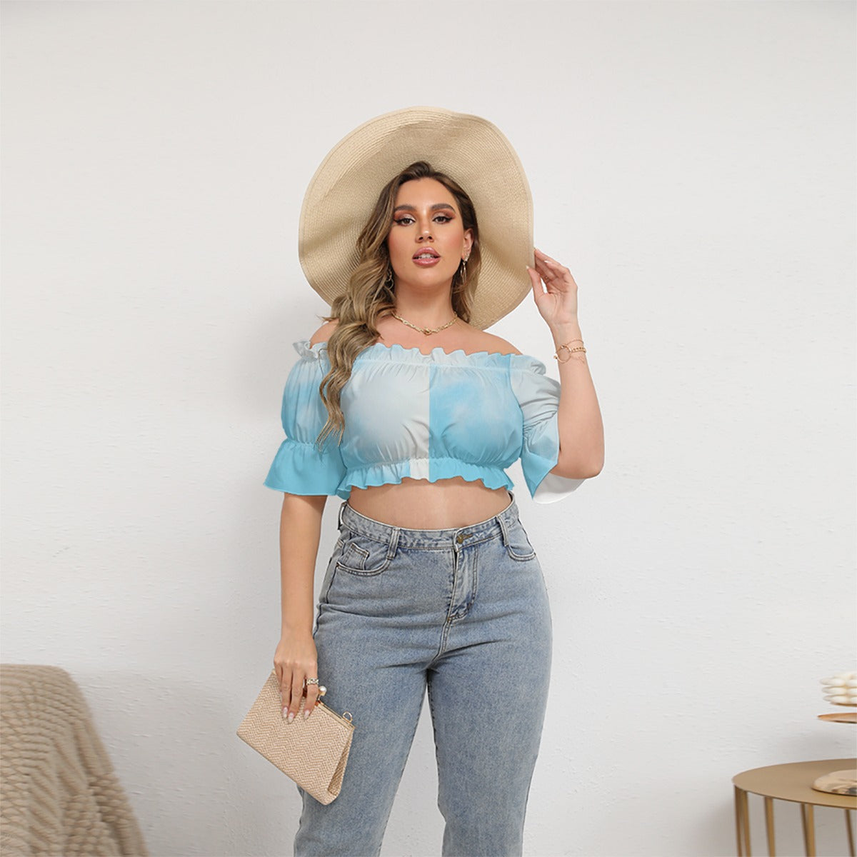 All-Over Print Women's Off-shoulder Cropped Top With Short Puff Sleeve