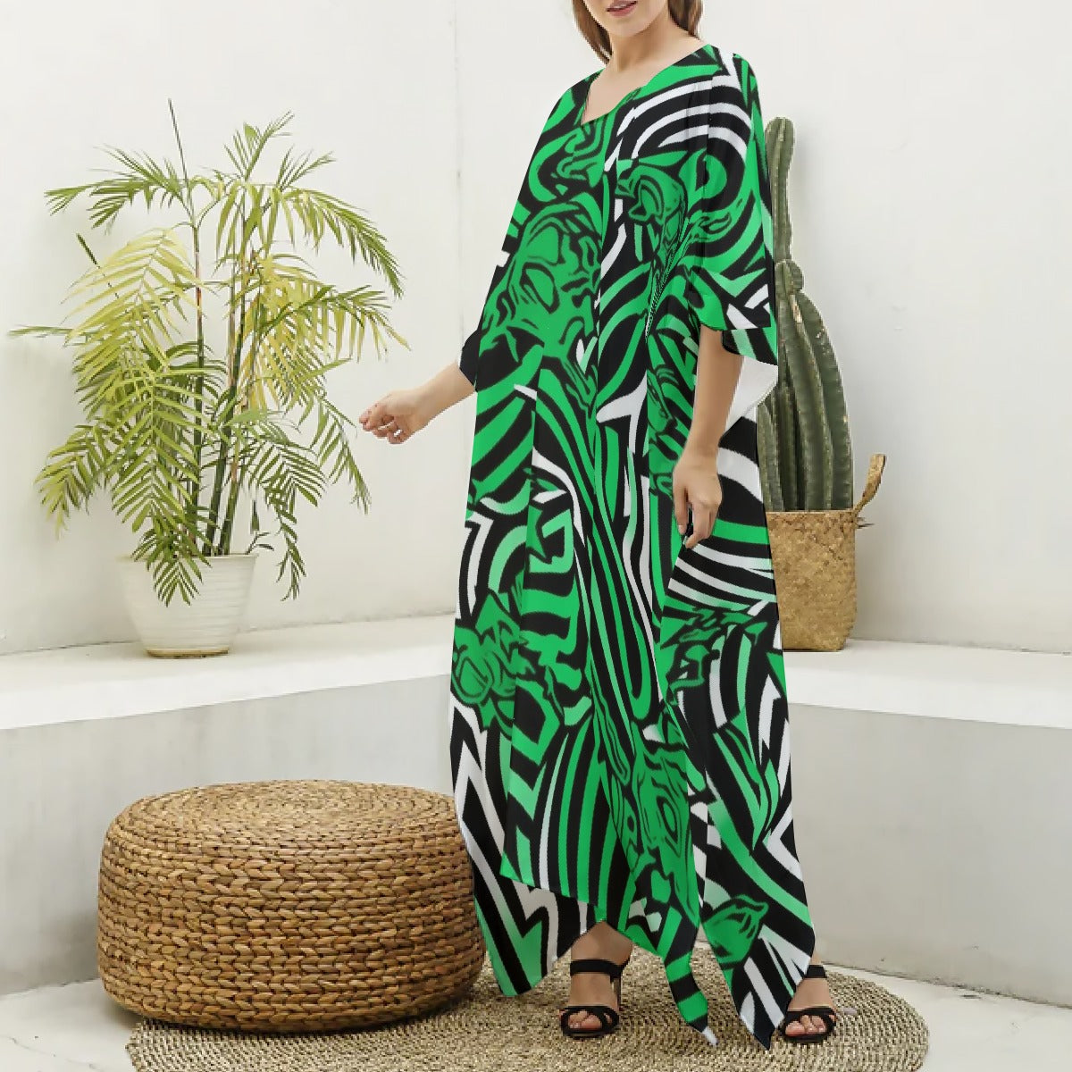 All-Over Print Women's Imitation Silk V-neck Kaftan Robe