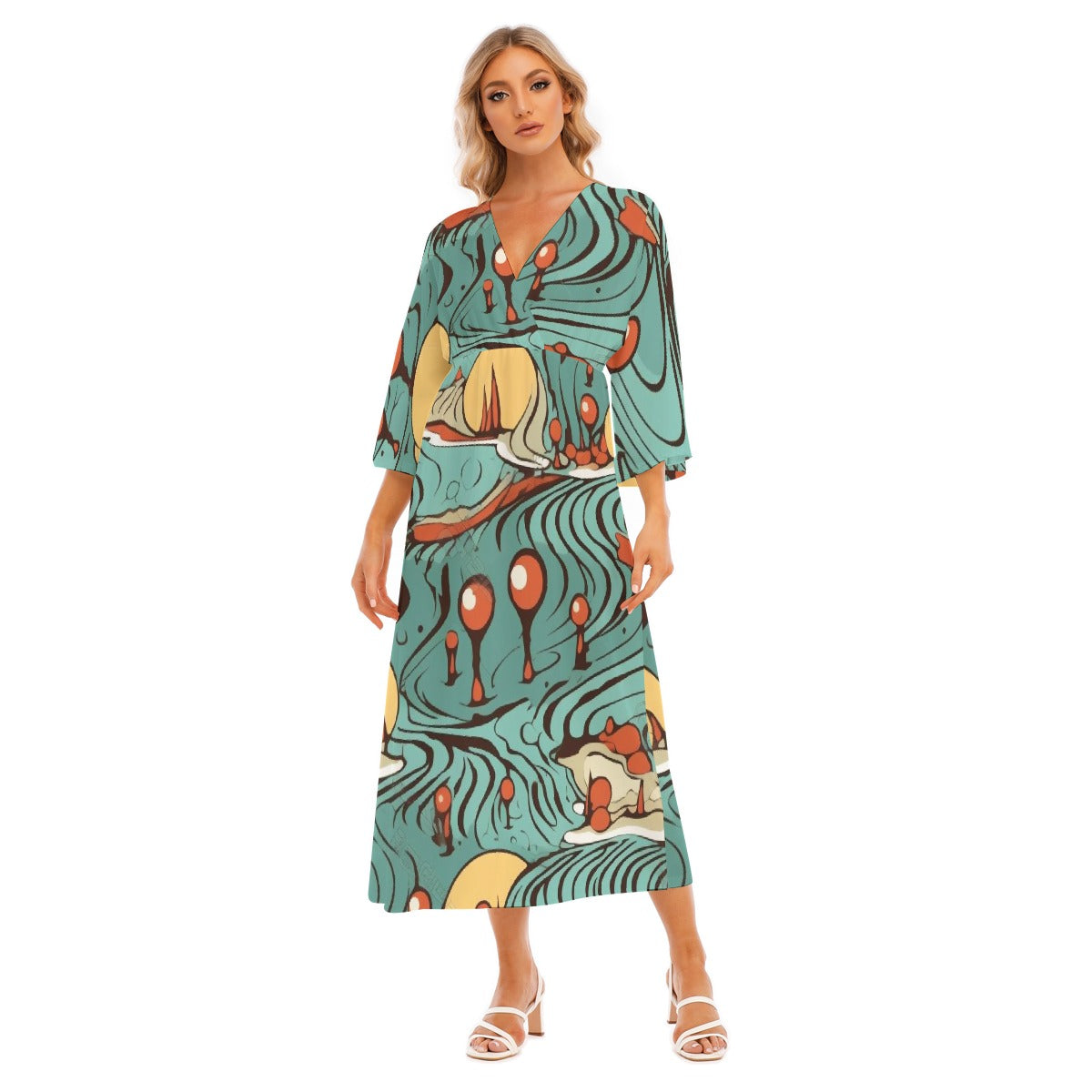 All-Over Print Women's Mid-Sleeve Long Dress