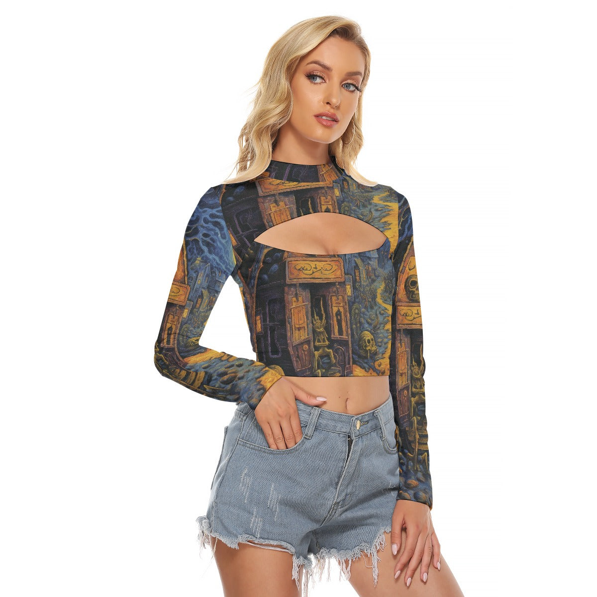 All-Over Print Women's Hollow Chest Keyhole Tight Crop Top