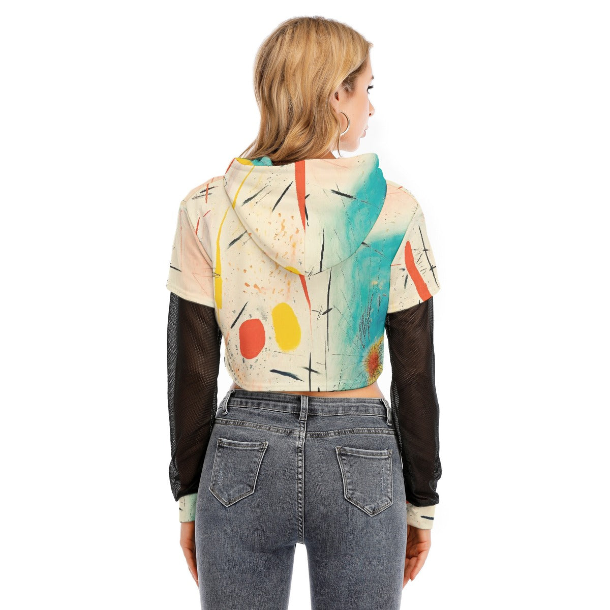 All-Over Print Women's Fake Two-piece Mesh Sleeve Cropped Hoodie