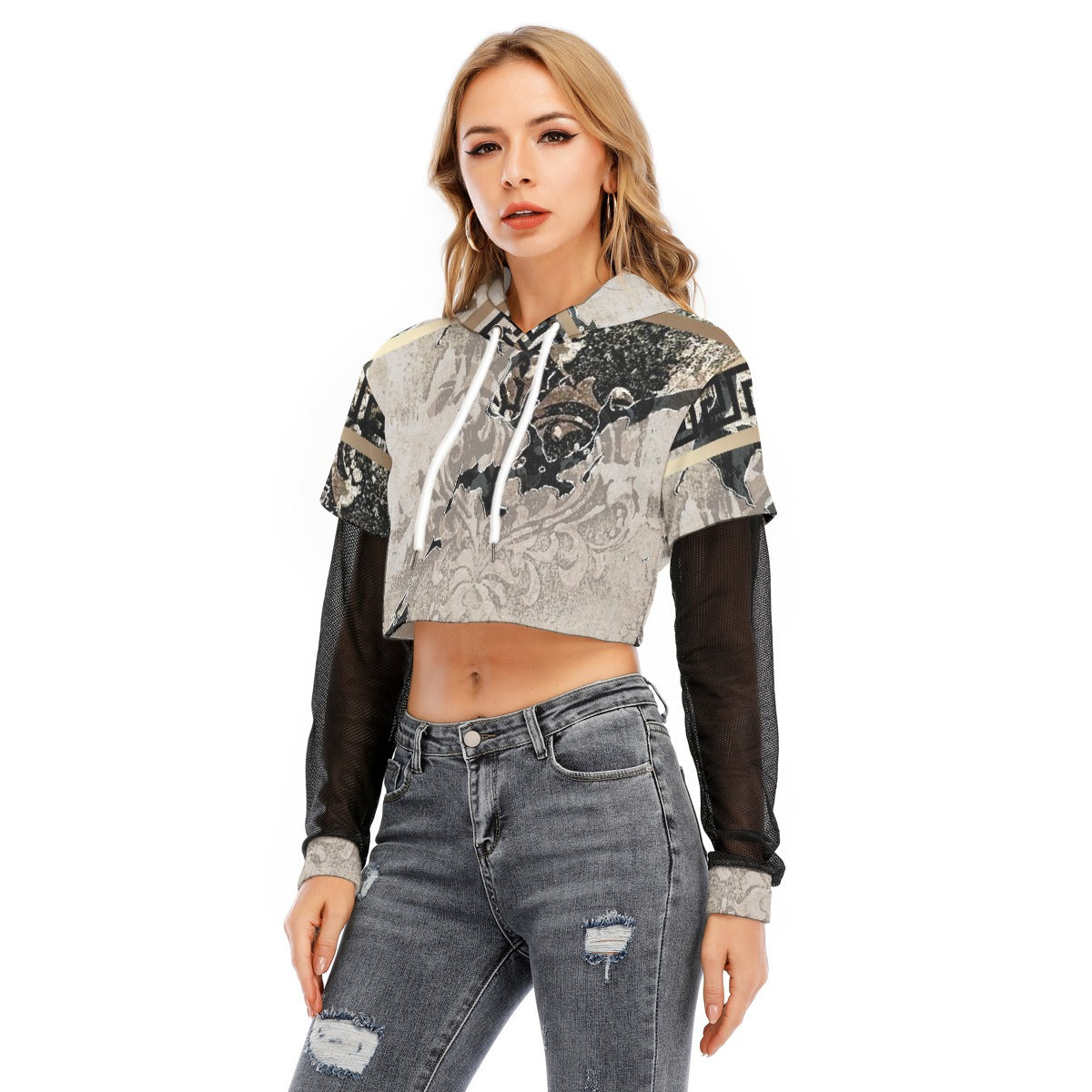 All-Over Print Women's Fake Two-piece Mesh Sleeve Cropped Hoodie