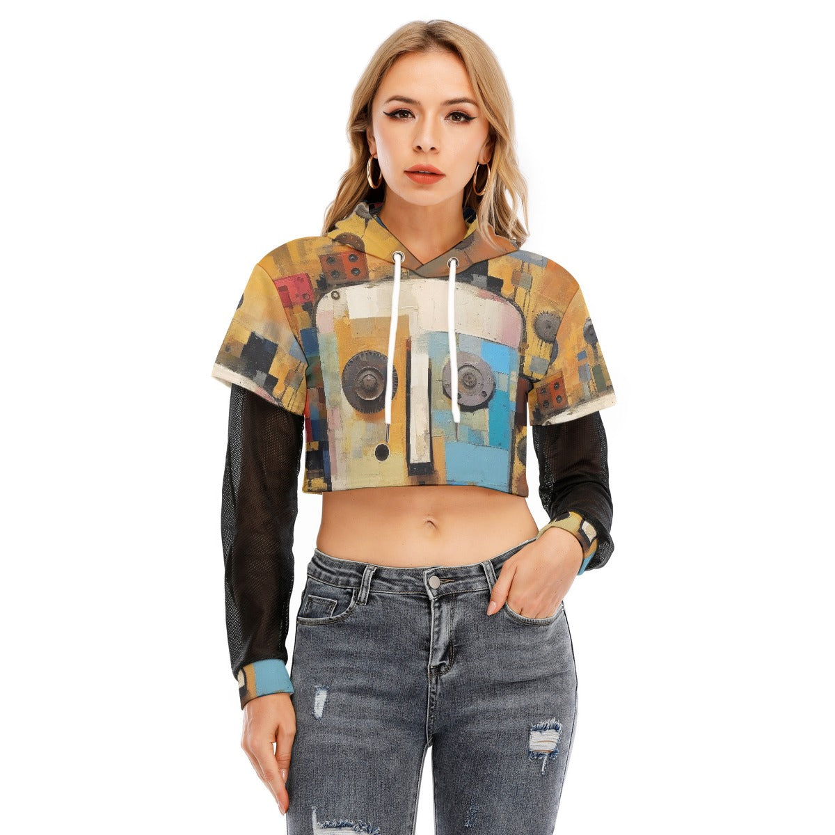 All-Over Print Women's Fake Two-piece Mesh Sleeve Cropped Hoodie