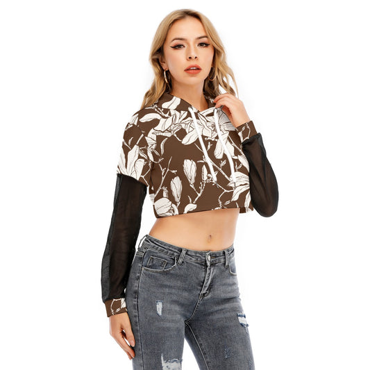 All-Over Print Women's Fake Two-piece Mesh Sleeve Cropped Hoodie