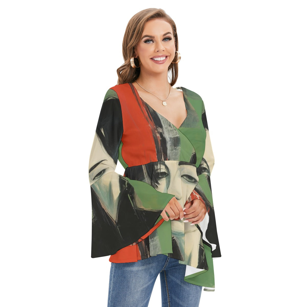 All-Over Print Women's V-neck Blouse With Flared Sleeves