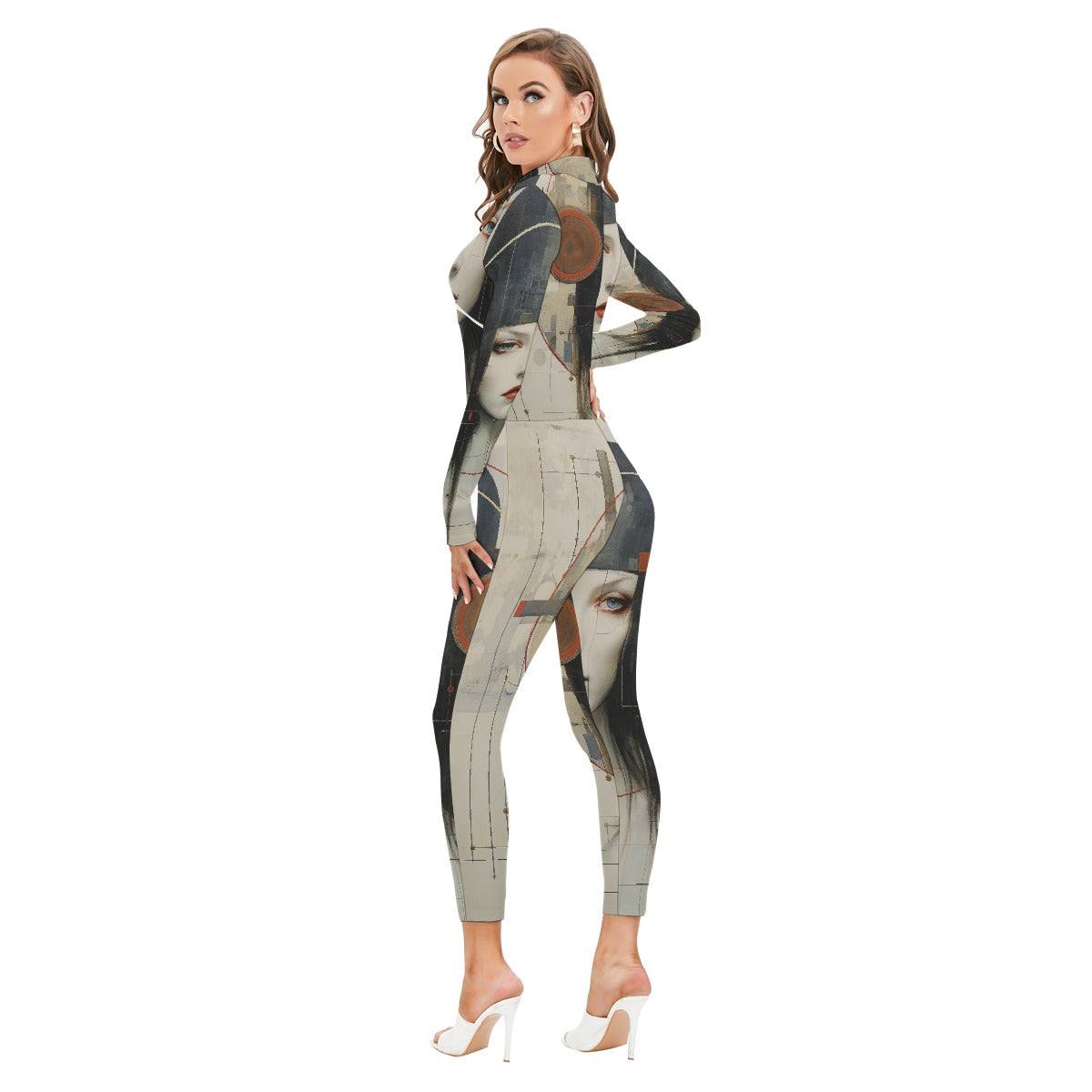 All-Over Print Women's Long-sleeved High-neck Jumpsuit With Zipper