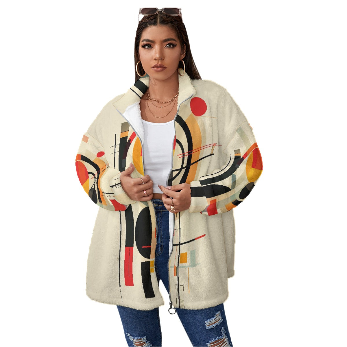 All-Over Print Unisex Borg Fleece Stand-up Collar Coat With Zipper Closure(Plus Size)