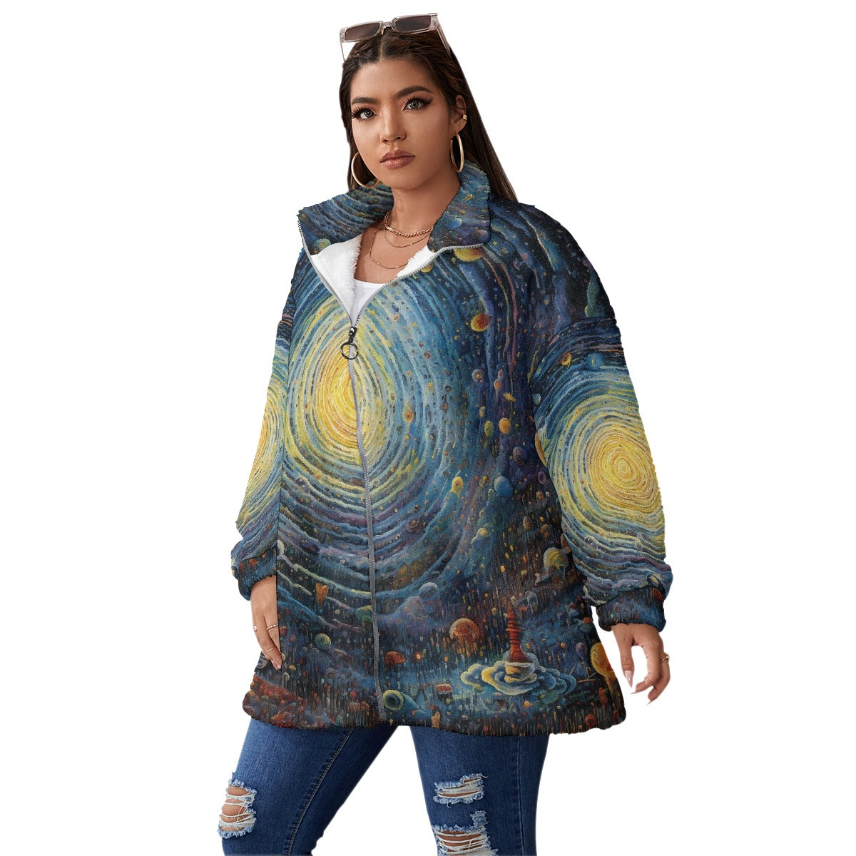 All-Over Print Unisex Borg Fleece Stand-up Collar Coat With Zipper Closure(Plus Size)