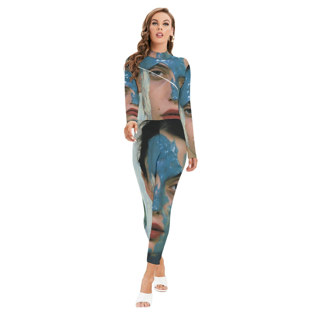 All-Over Print Women's Long-sleeved High-neck Jumpsuit With Zipper