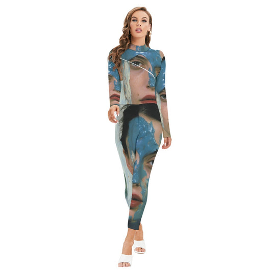 All-Over Print Women's Long-sleeved High-neck Jumpsuit With Zipper