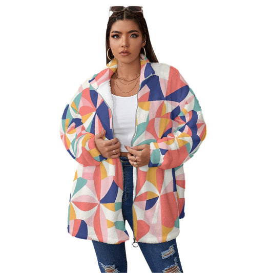 All-Over Print Unisex Borg Fleece Stand-up Collar Coat With Zipper Closure(Plus Size)