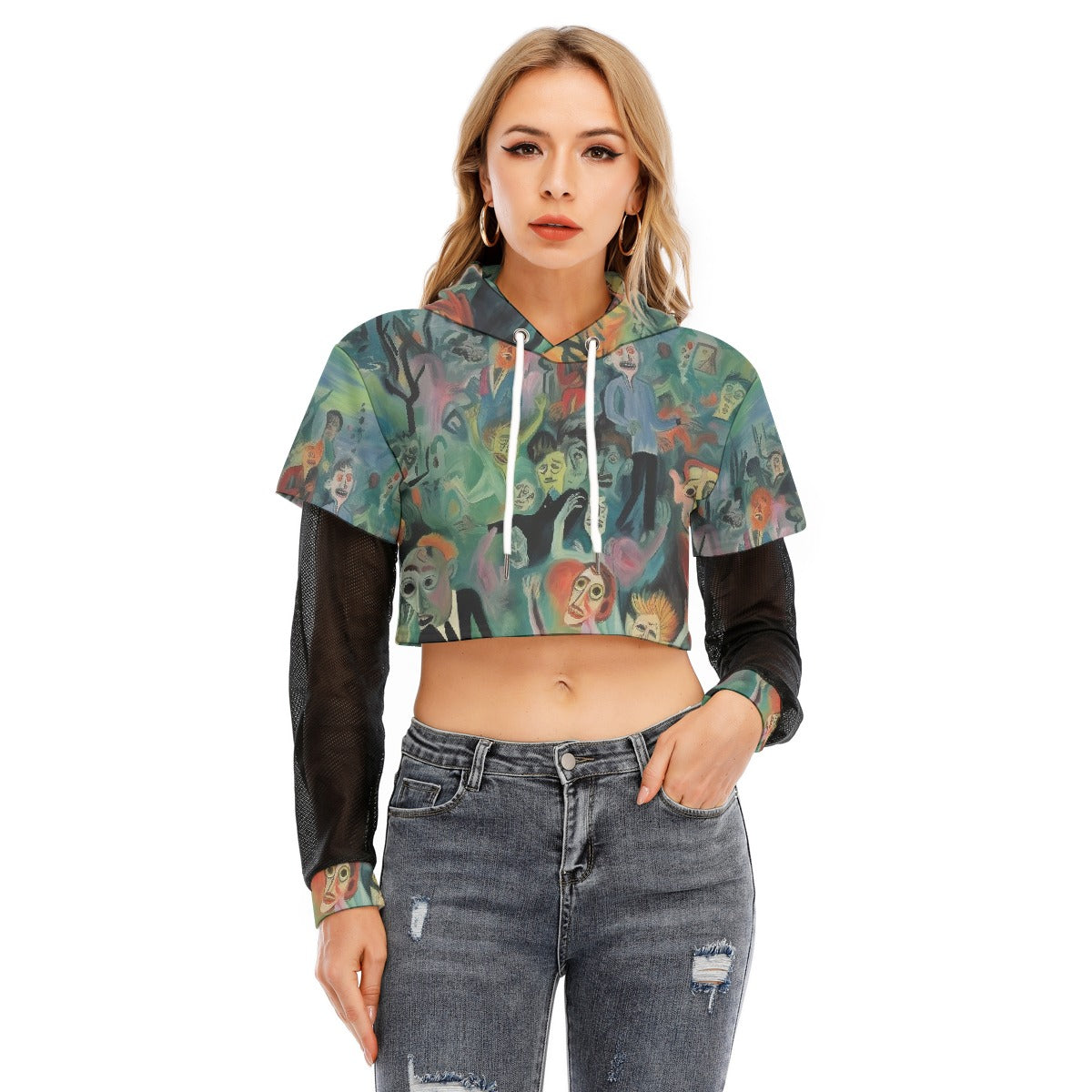 All-Over Print Women's Fake Two-piece Mesh Sleeve Cropped Hoodie