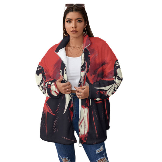 All-Over Print Unisex Borg Fleece Stand-up Collar Coat With Zipper Closure(Plus Size)