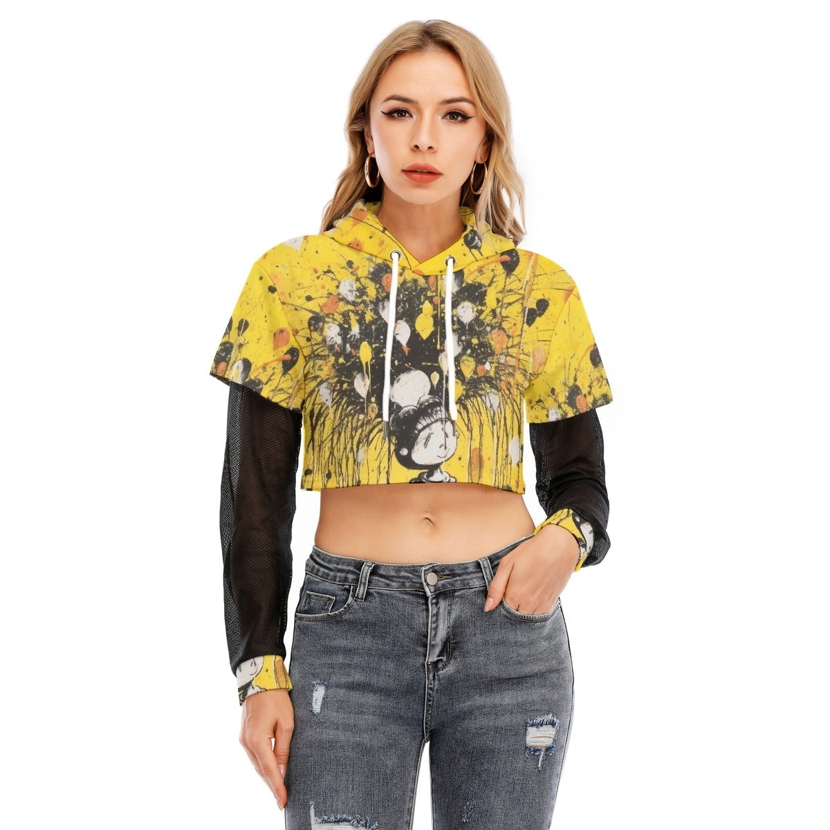 All-Over Print Women's Fake Two-piece Mesh Sleeve Cropped Hoodie