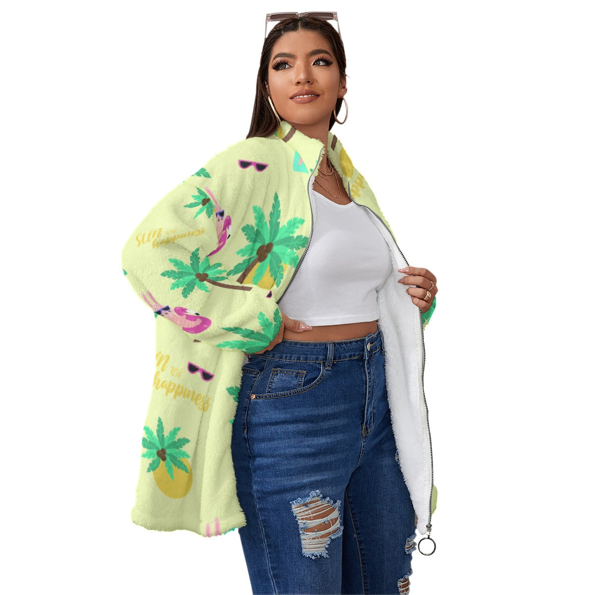 All-Over Print Unisex Borg Fleece Stand-up Collar Coat With Zipper Closure(Plus Size)