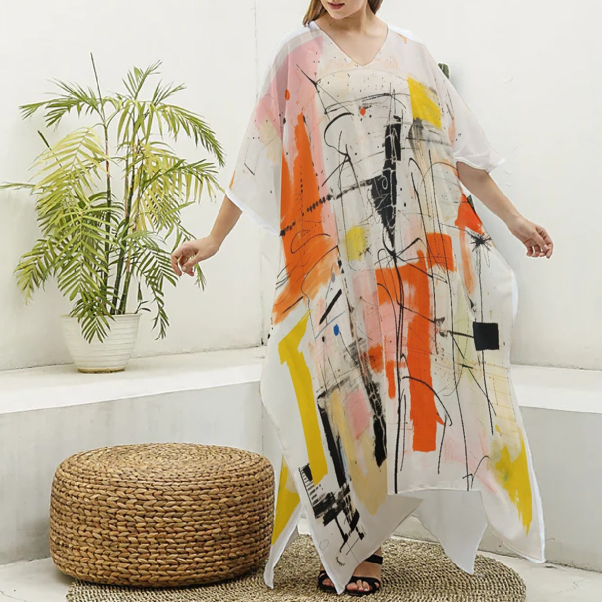 All-Over Print Women's Imitation Silk V-neck Kaftan Robe