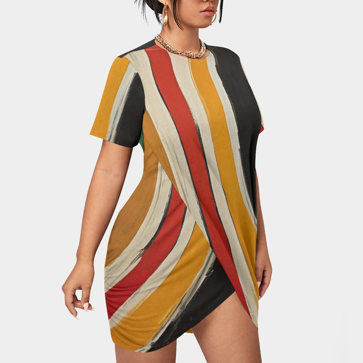 All-Over Print Women’s Stacked Hem Dress With Short Sleeve（Plus Size）