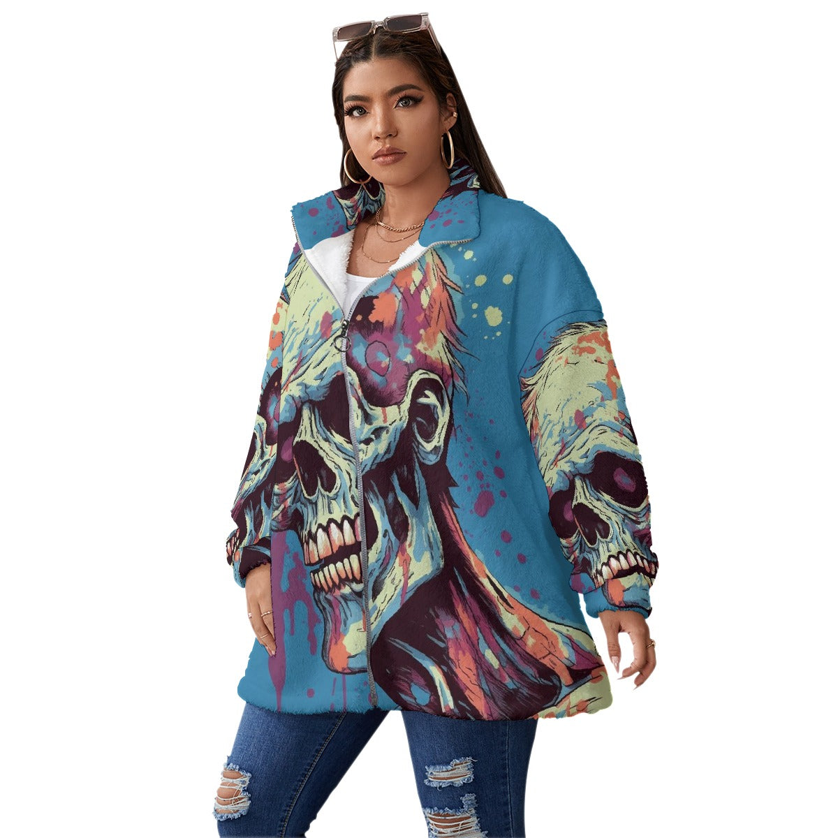 All-Over Print Unisex Borg Fleece Stand-up Collar Coat With Zipper Closure(Plus Size)