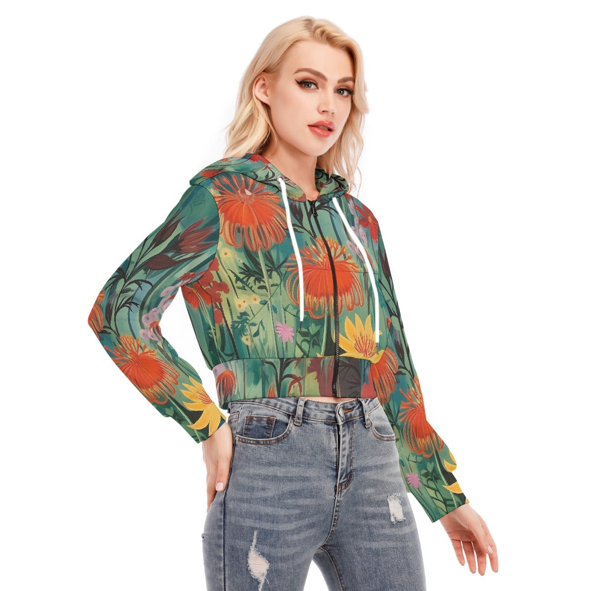 All-Over Print Women's Crop Top Hoodie With Zipper Closure