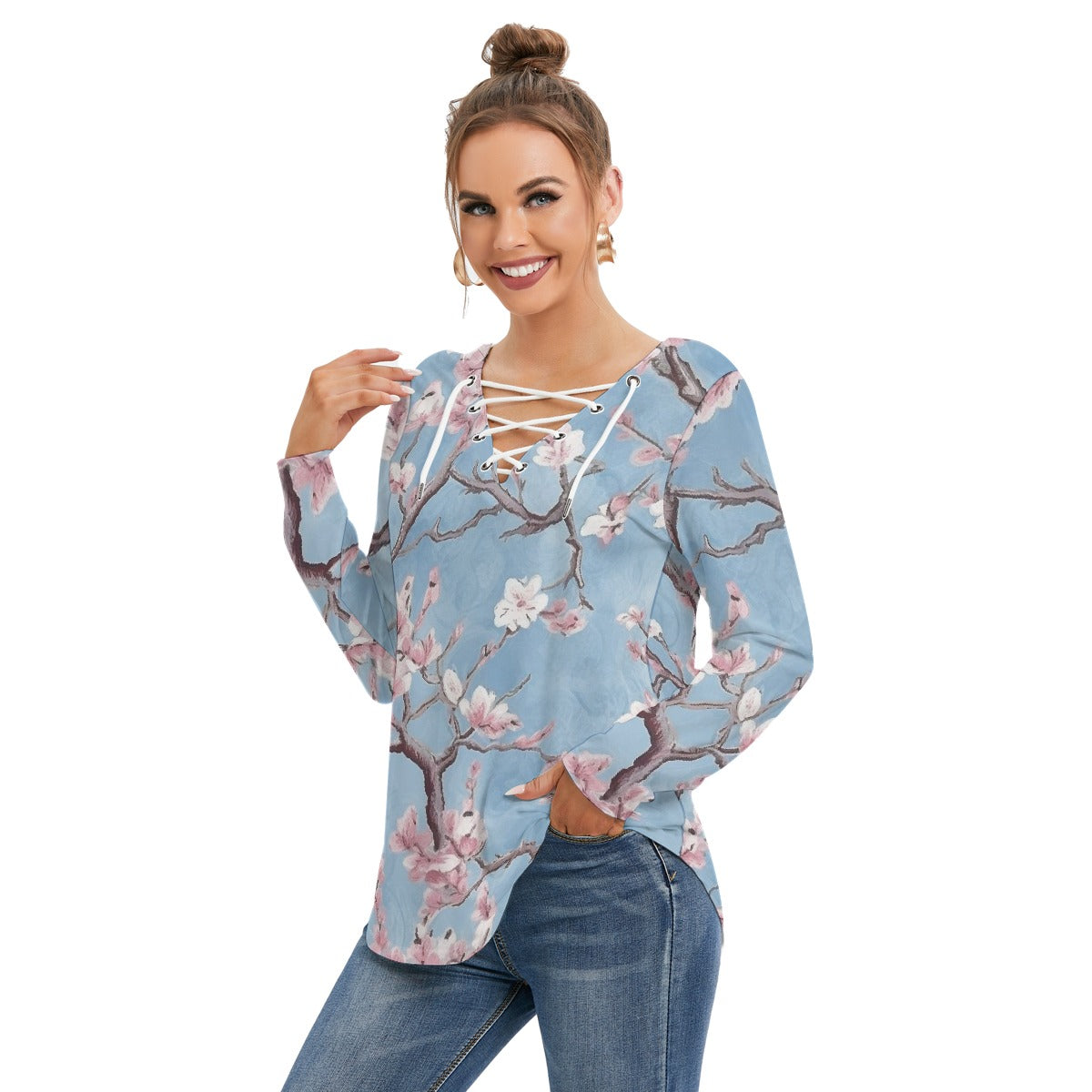 All-Over Print Women's Long Sleeve Neckline Tie Sweatshirt