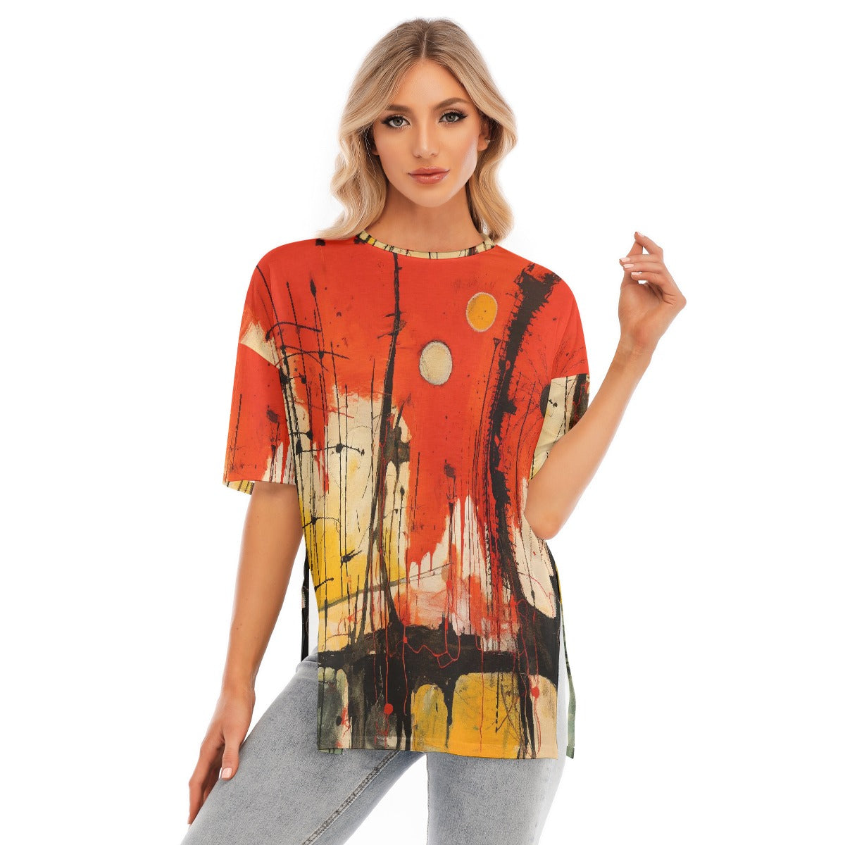 All-Over Print Women's Short Sleeves T-shirt With Hem Split