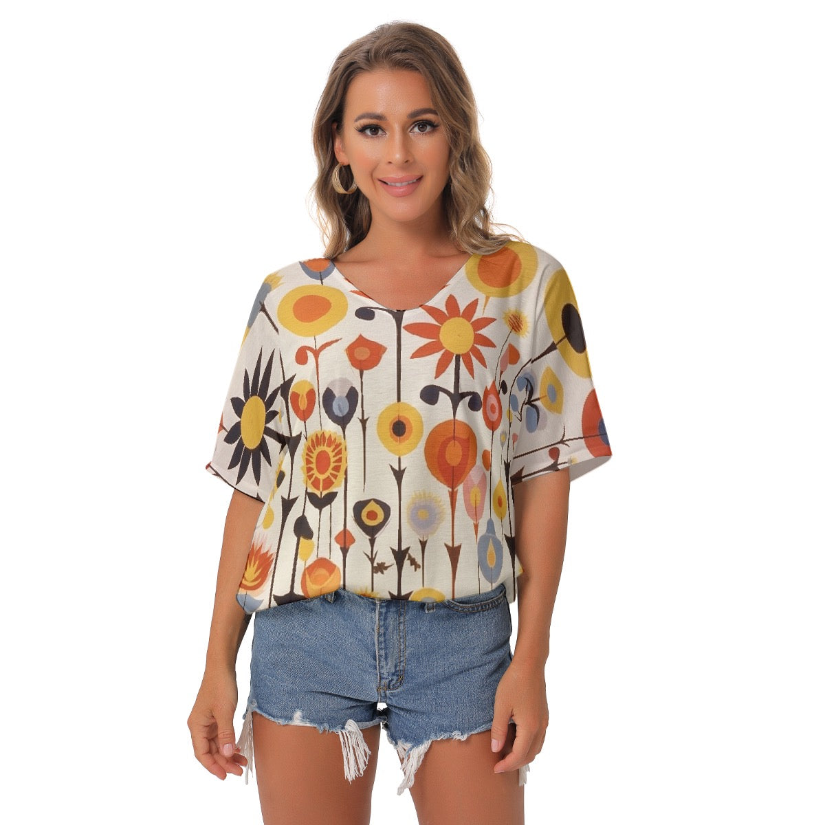 All-Over Print Women's Bat Sleeves V-Neck Blouse
