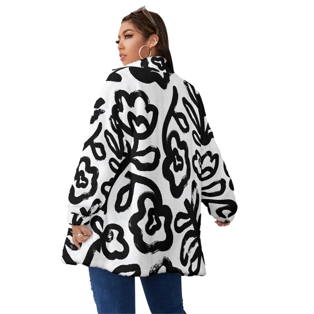 All-Over Print Unisex Borg Fleece Stand-up Collar Coat With Zipper Closure(Plus Size)
