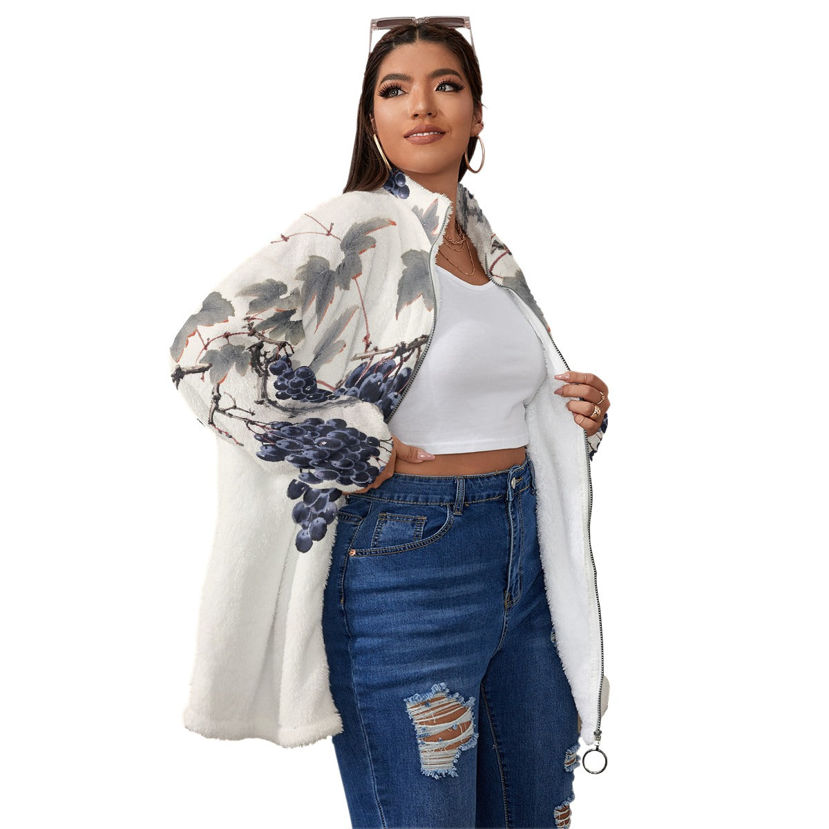 All-Over Print Unisex Borg Fleece Stand-up Collar Coat With Zipper Closure(Plus Size)