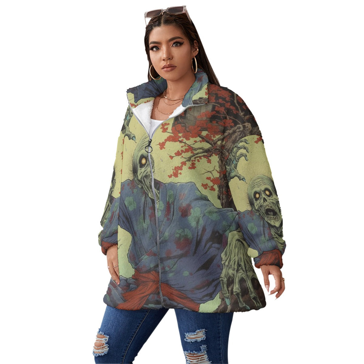 All-Over Print Unisex Borg Fleece Stand-up Collar Coat With Zipper Closure(Plus Size)