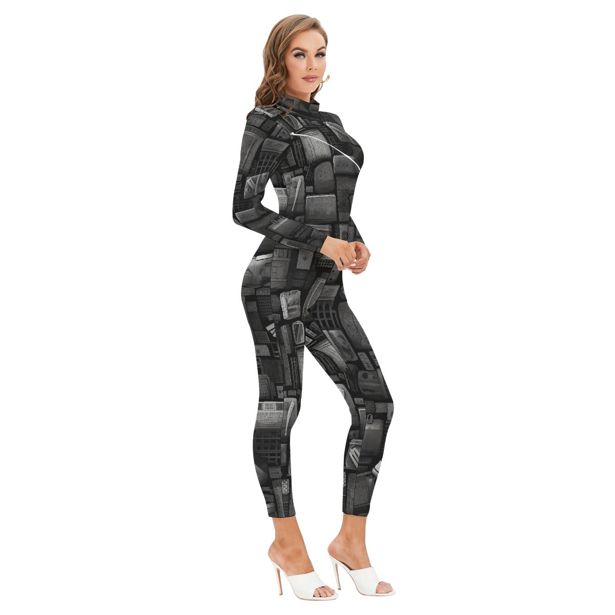All-Over Print Women's Long-sleeved High-neck Jumpsuit With Zipper