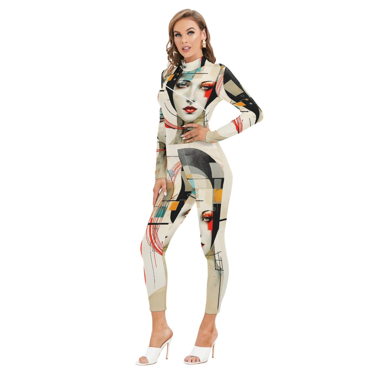 All-Over Print Women's Long-sleeved High-neck Jumpsuit With Zipper