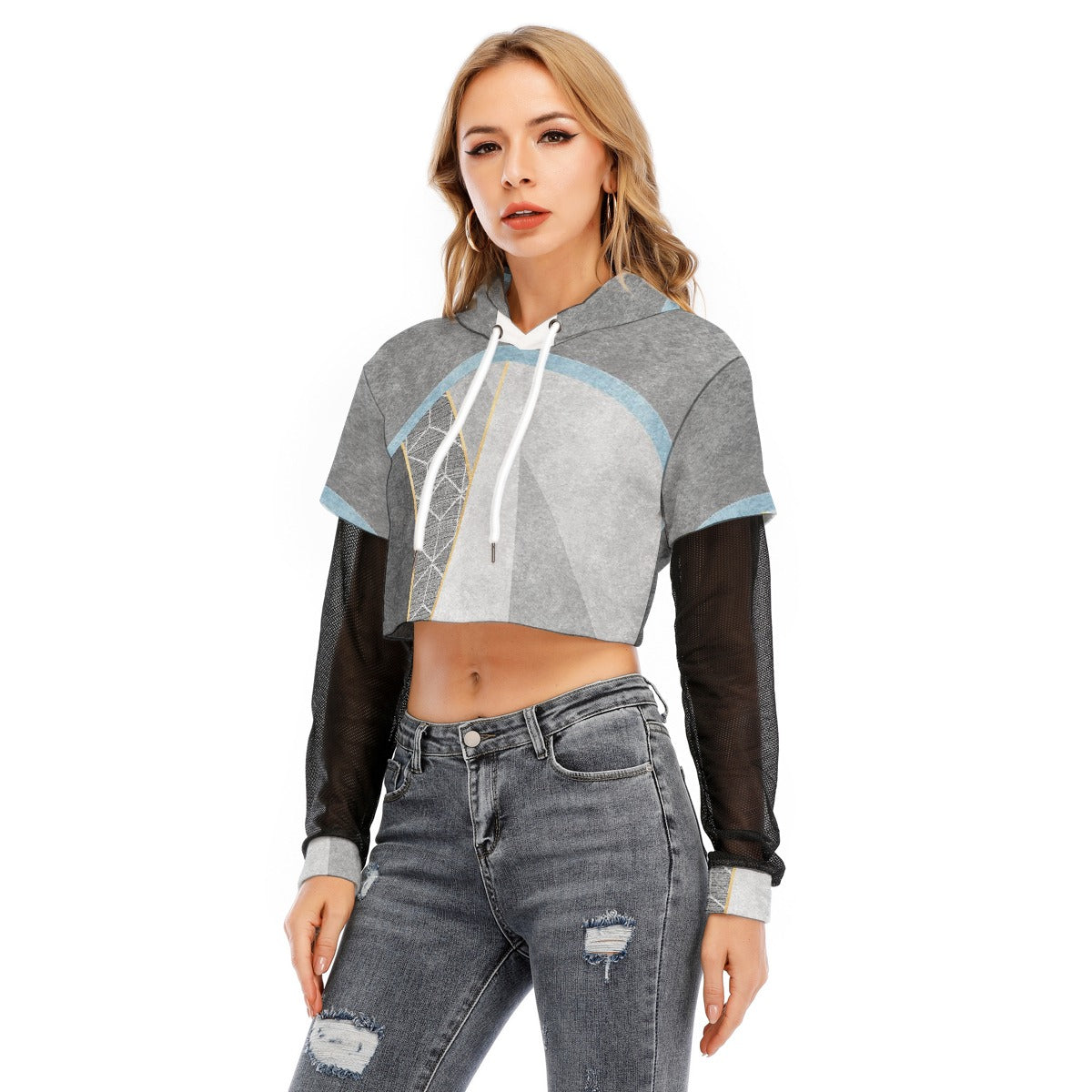 All-Over Print Women's Fake Two-piece Mesh Sleeve Cropped Hoodie