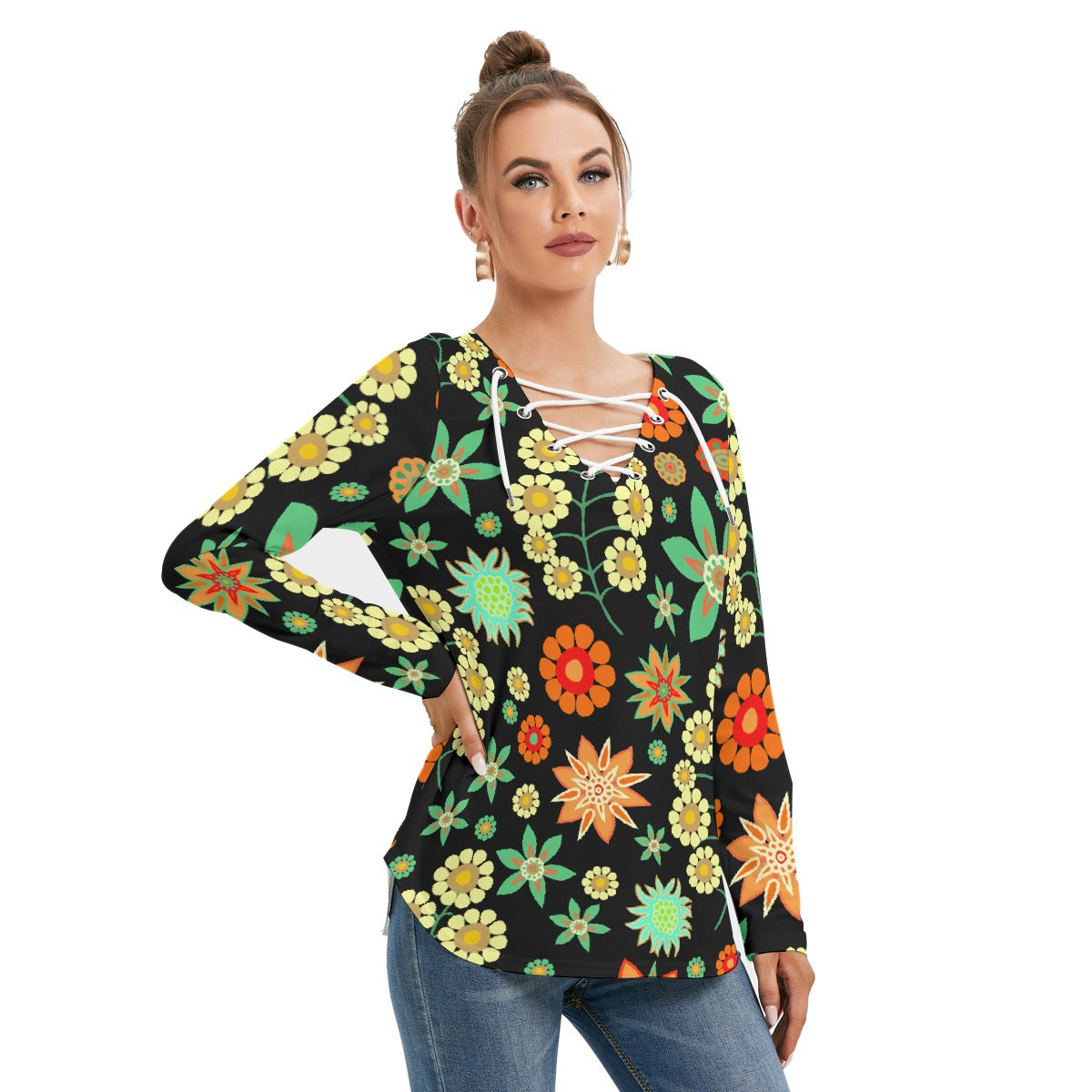 All-Over Print Women's Long Sleeve Neckline Tie Sweatshirt