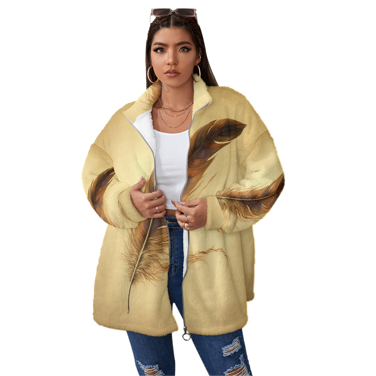 All-Over Print Unisex Borg Fleece Stand-up Collar Coat With Zipper Closure(Plus Size)