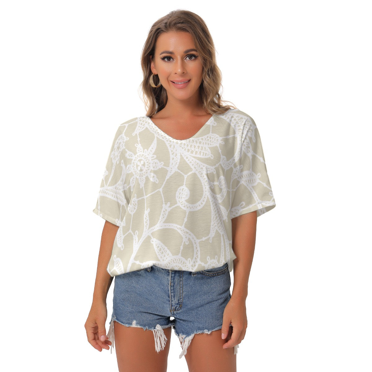 All-Over Print Women's Bat Sleeves V-Neck Blouse