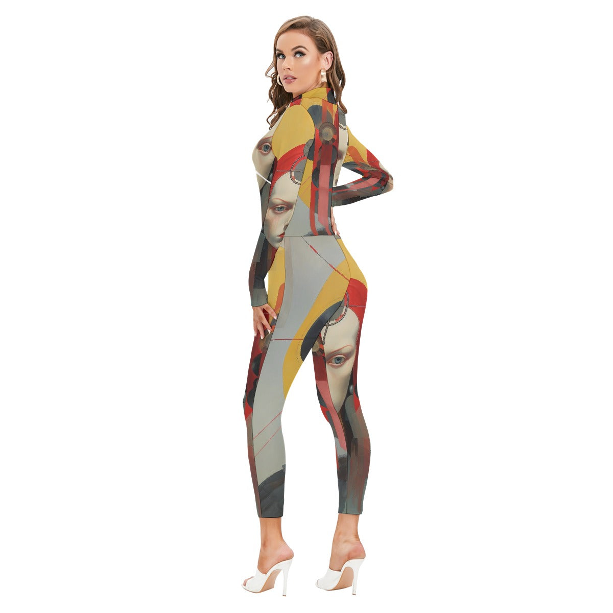All-Over Print Women's Long-sleeved High-neck Jumpsuit With Zipper
